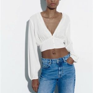 Zara Women White Bohemian Long Sleeves V-Neck Cropped Corsetry Blouse Sz L